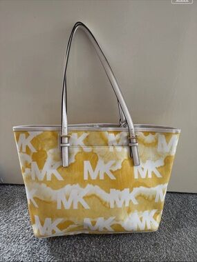 Michael Kors Yellow and White MK Logo Canvas Tote